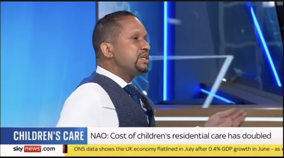 Sky News broadcast still of Louis Stedman-Bryce discussing the doubling cost of children's residential care
